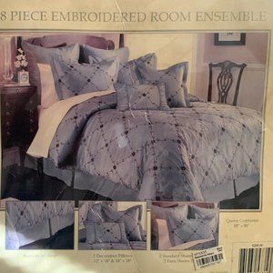 7-Piece Embroidered Comforter Set, Queen Size, Pattern is "Downing Street"